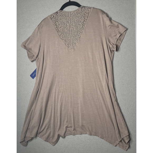 Apt. 9 Short Sleeve Open Front Cardigan Top XL Rayon Blend Taupe Crochet Back - Picture 2 of 9